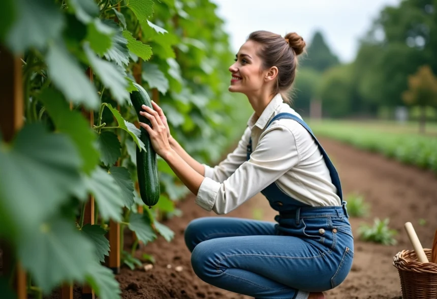 Femme en overalls cueillant des concombres dans un jardin