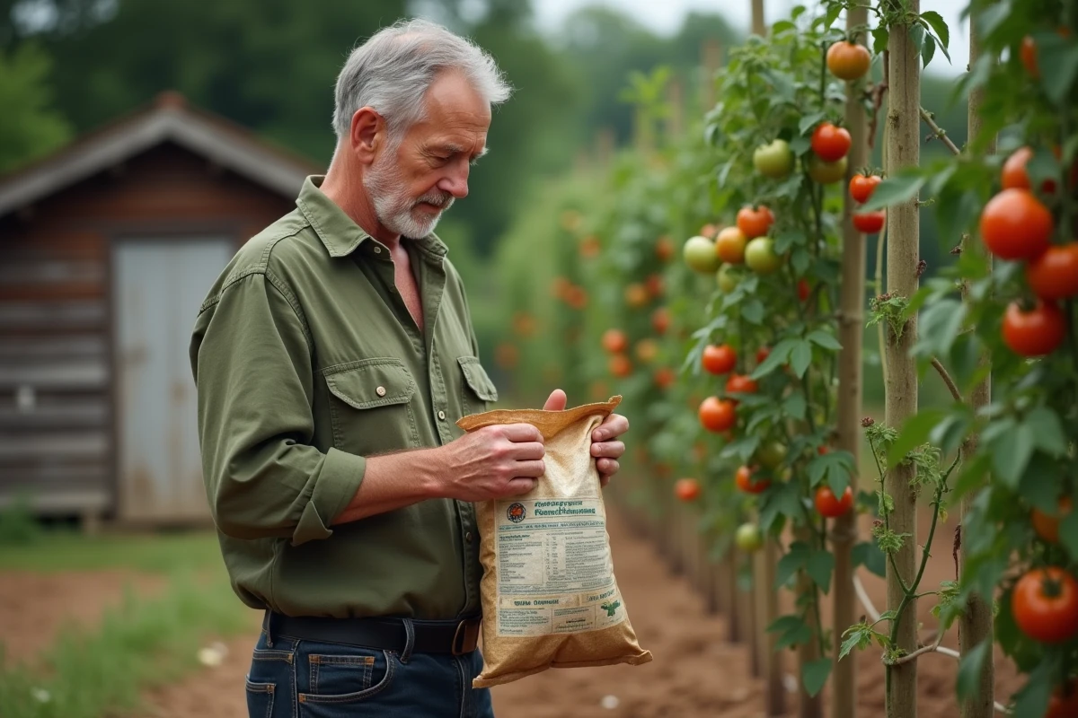 Jardinier examinant un sac d'engrais spécial tomate devant des plants chargés de fruits dans un potager argileux