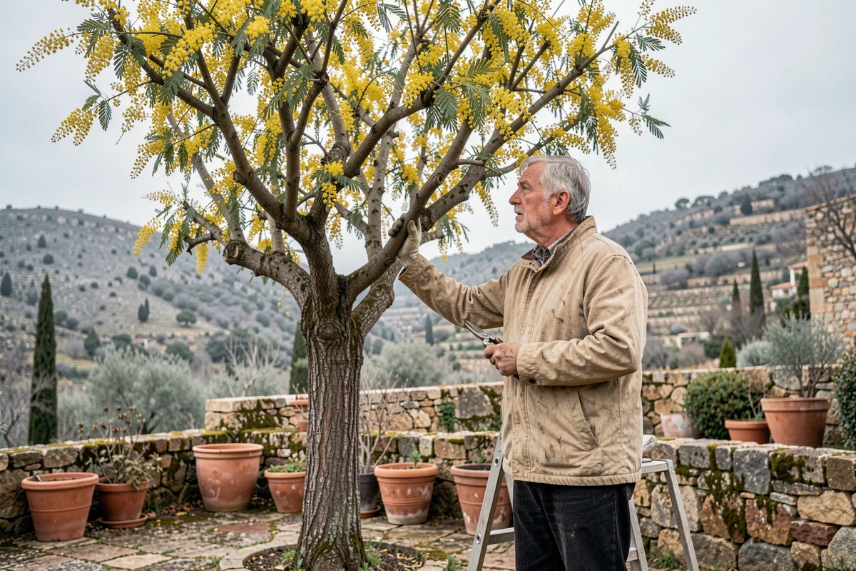 Jardinier expérimenté évaluant la taille d'un grand mimosa dans un jardin méditerranéen en terrasses après des gelées printanières