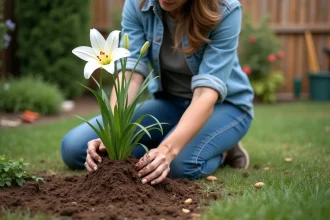 Femme en jeans et chemise de jardinage arrosant un lys blanc
