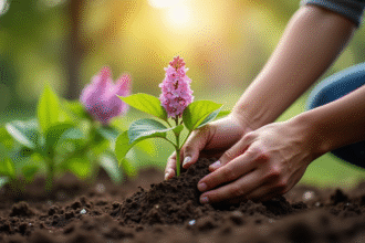 Jardinier plantant un lilas dans la terre humide en extérieur