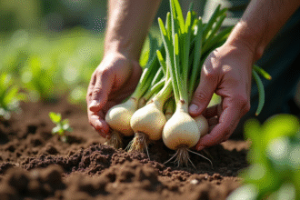 Jardinier récoltant des ailons gros dans un jardin ensoleille