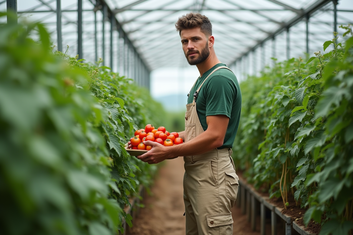 Jeune homme récoltant des tomates dans une serre professionnelle