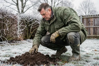 Jardinier inspectant une taupinière sur un jardin gelé en hiver
