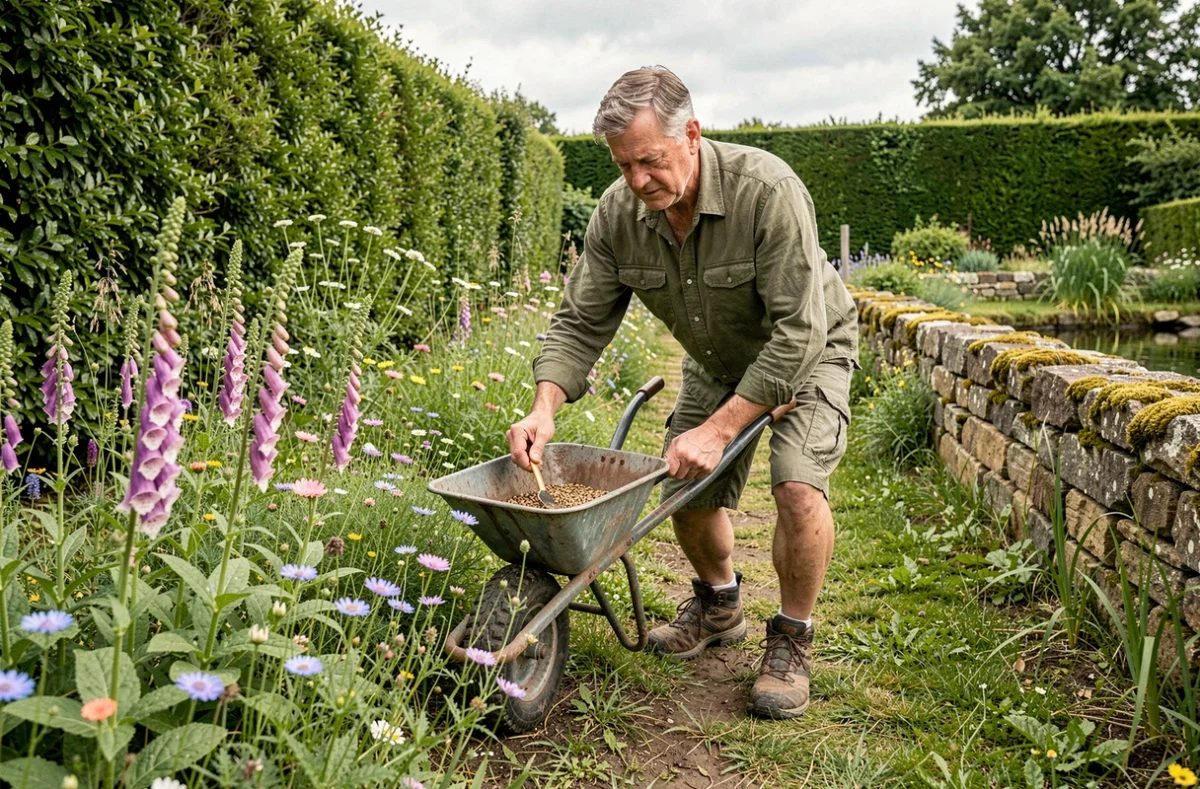 Spécialiste de Jardins au Naturel installant une prairie fleurie de plantes indigènes dans un jardin rural du Grand Est