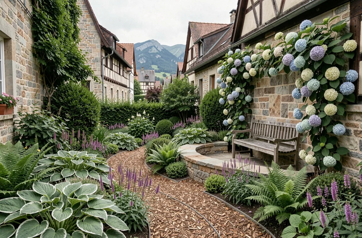 Jardin naturel à Turckheim réalisé par Jardins au Naturel avec hostas, fougères et muret en pierre