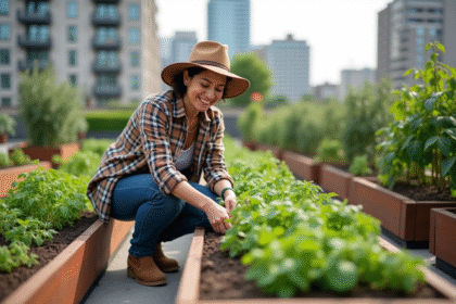 Femme d'âge moyen cultivant des tomates sur un toit urbain