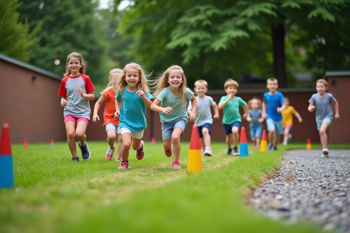 Enfants jouant à un jeu de relais avec des nains de jardin en bois dans une cour de centre de loisirs