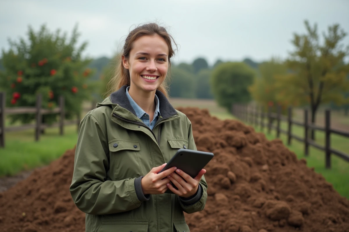 Jeune agronome souriante avec tablette et compost