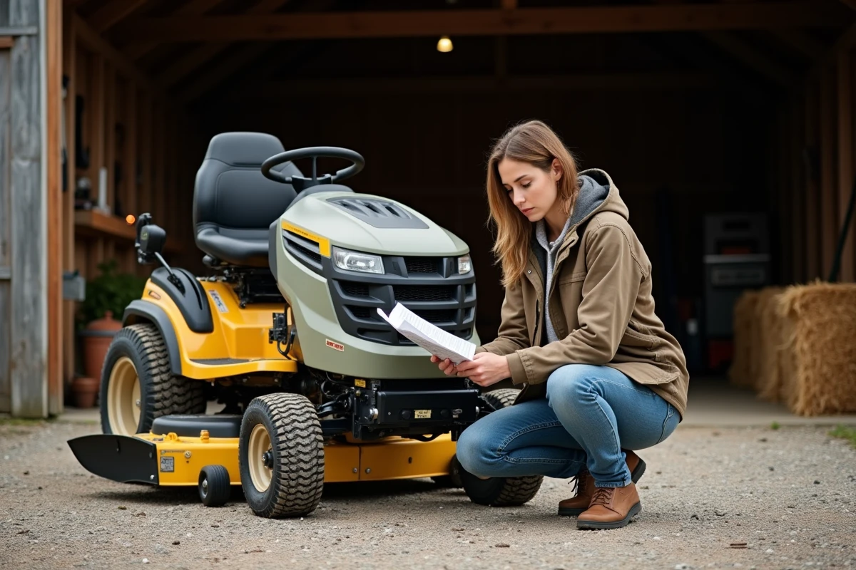 Jeune femme en jeans et veste examine un coupe-bousse dans une ferme