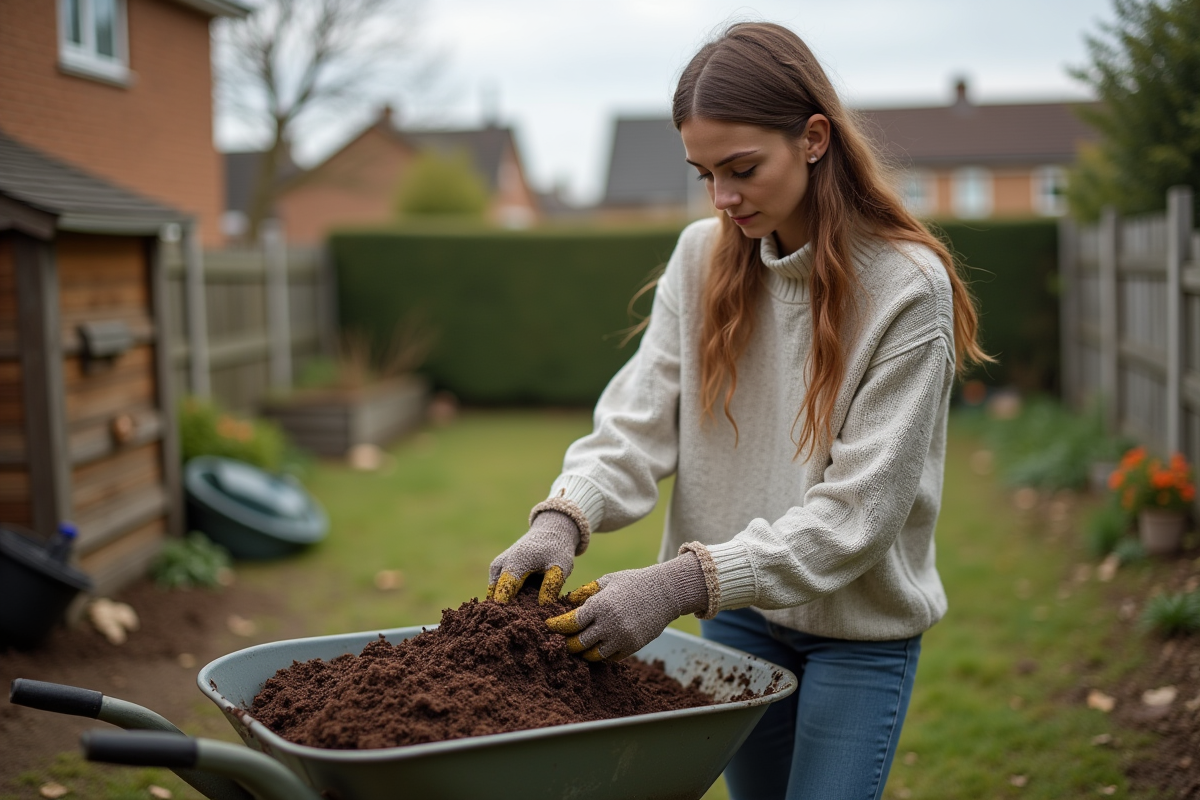 Jeune femme triant compost dans le jardin