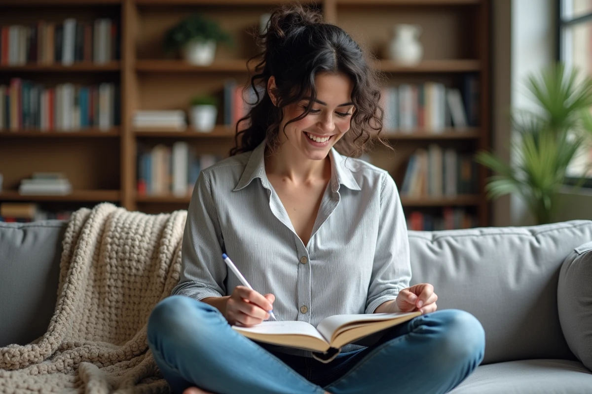Jeune femme aux cheveux bouclés résolvant un livre de mots fléchés assise en tailleur sur un canapé dans un salon moderne