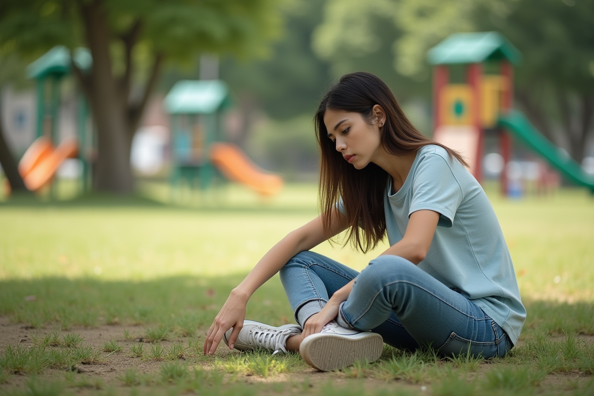 Jeune femme assise sur une pelouse dans un parc public