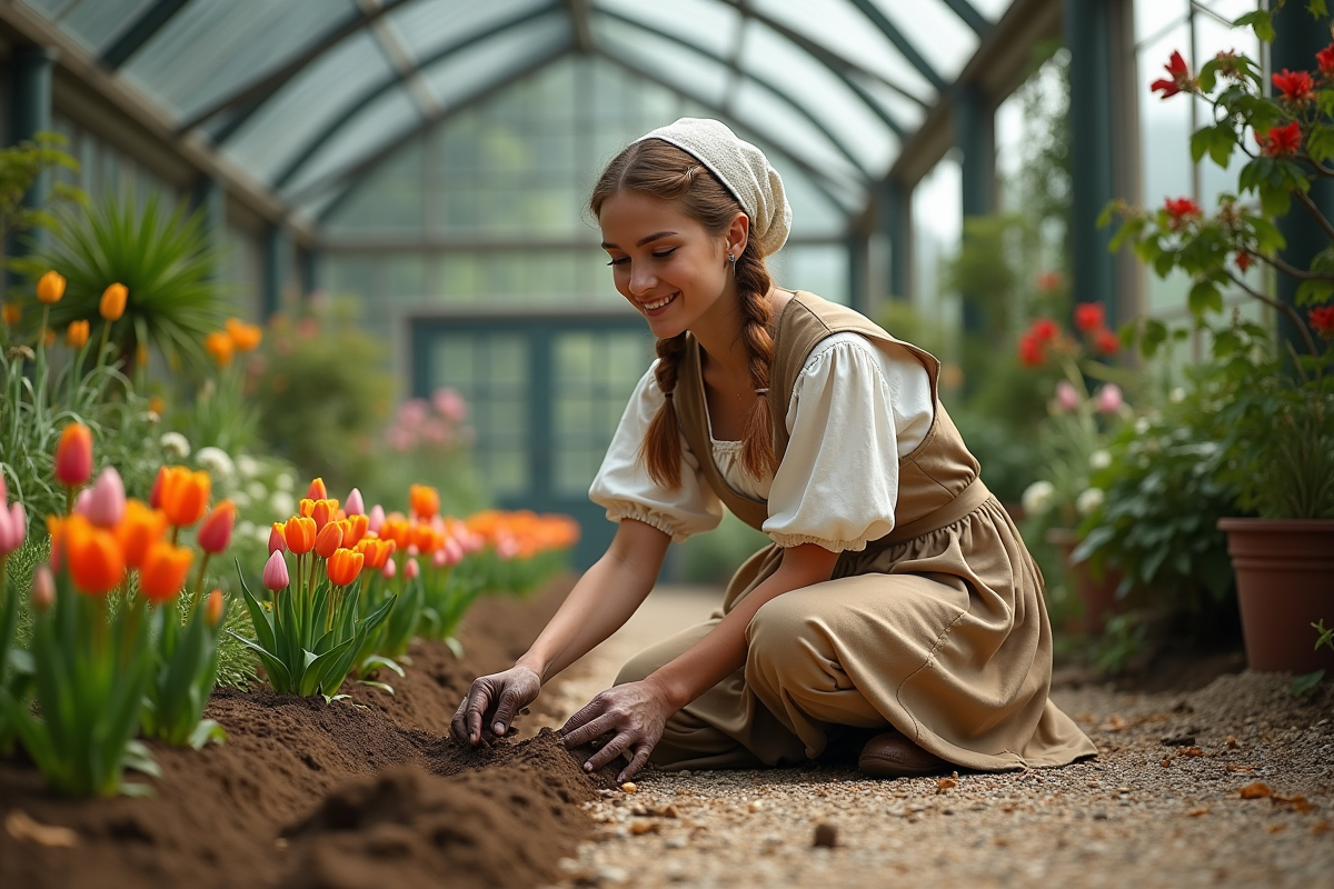 Jeune femme en costume de jardinier plantant des bulbes