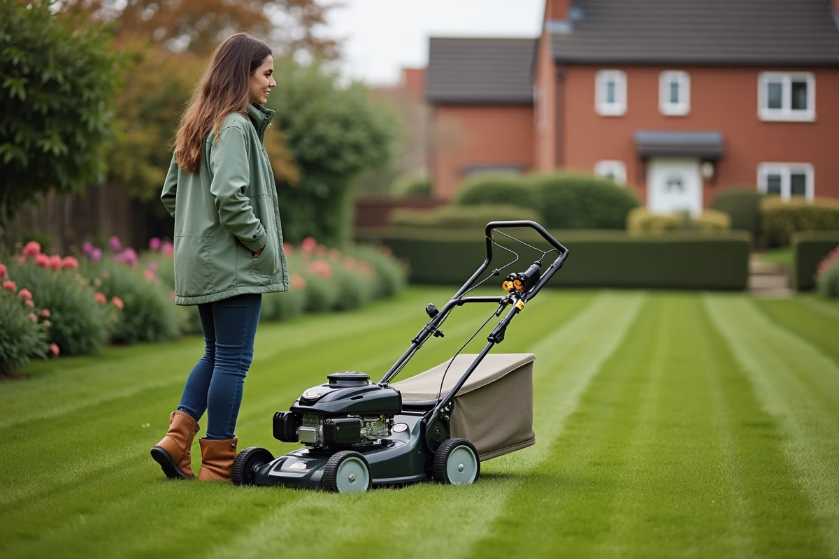 Jeune femme avec tondeuse dans un jardin spacieux