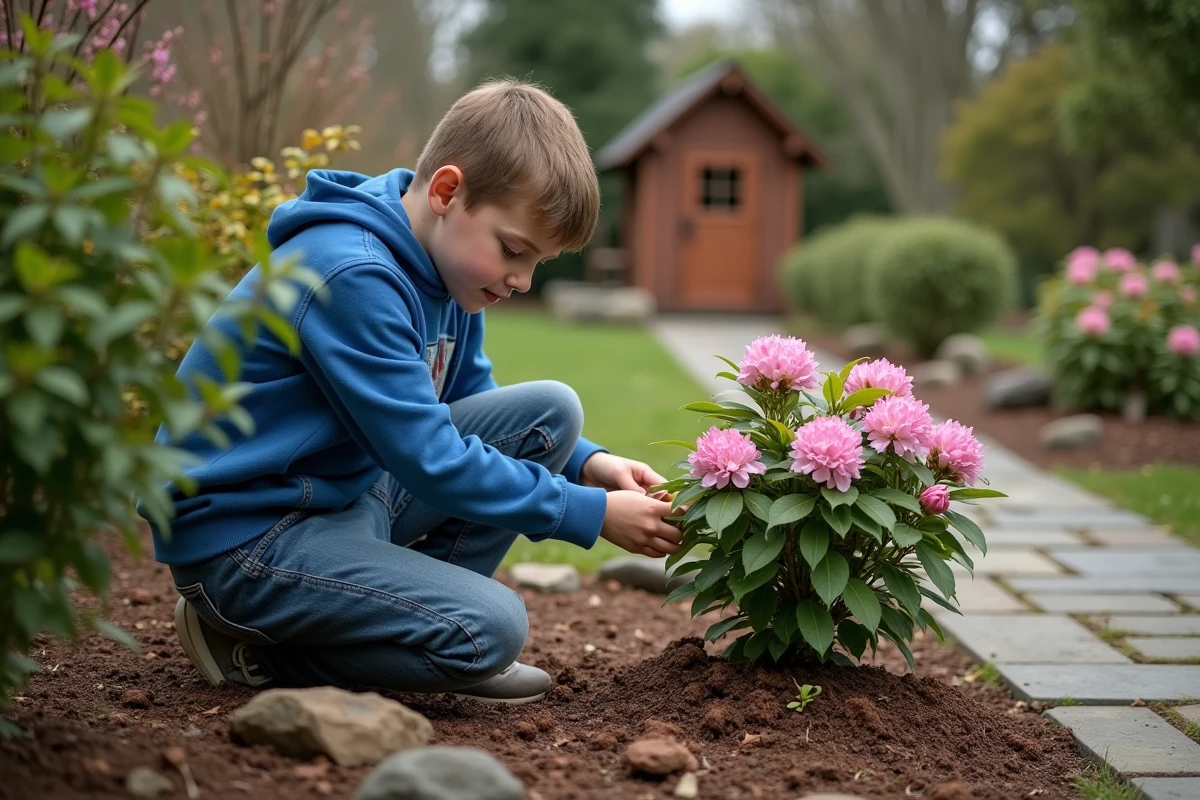 Jeune garçon en jardinage autour d’un rhododendron
