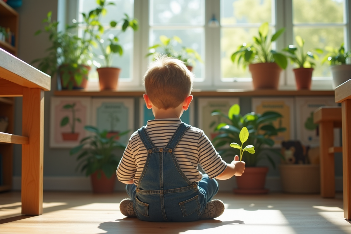 Jeune garçon en classe regarde plantes en pot