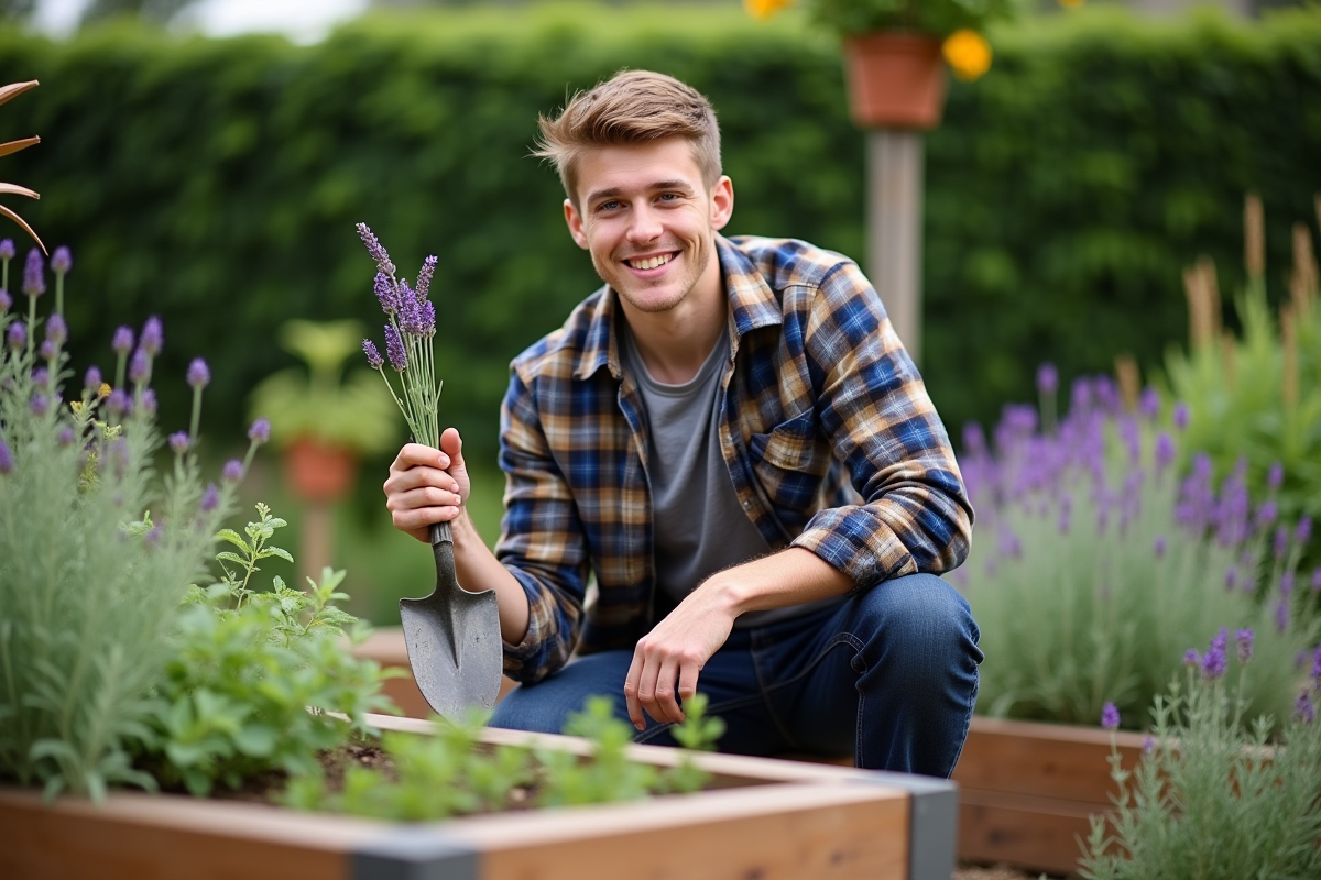 Jeune homme avec lavande et outils dans jardin extérieur