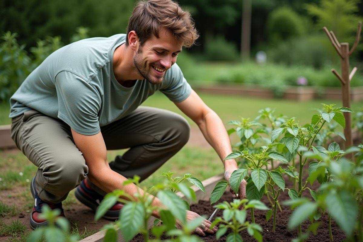 Jeune homme arrosant des plants de tomates dans le jardin