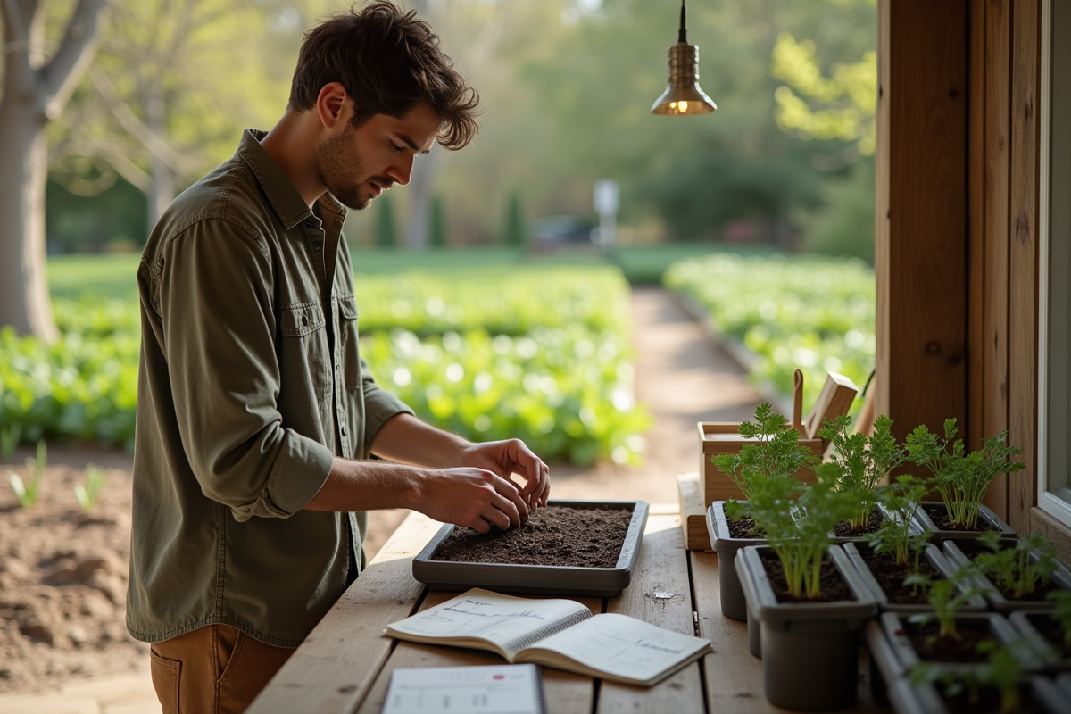 Jeune homme préparant des graines de radis sur une table