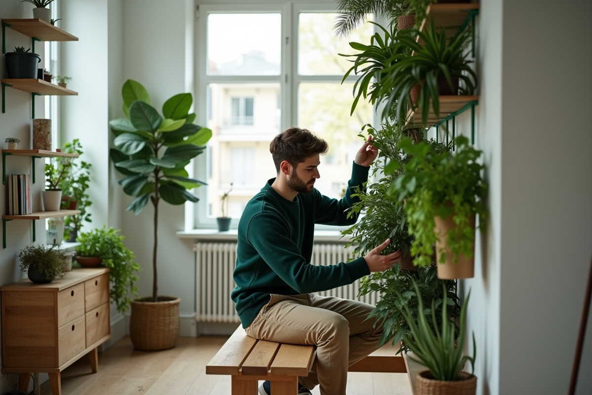 Jeune homme créant une composition végétale dans un salon moderne