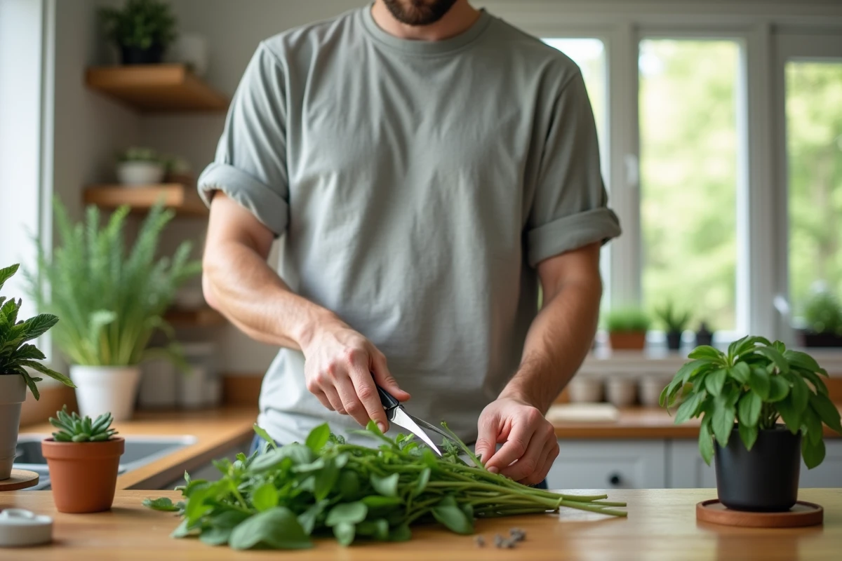 Jeune homme avec sauge et ciseaux en cuisine