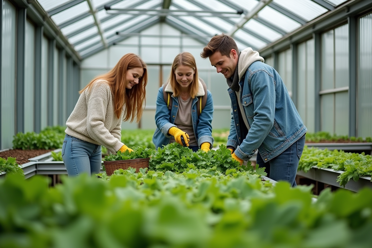 Jeunes adultes récoltant des légumes dans une serre communautaire