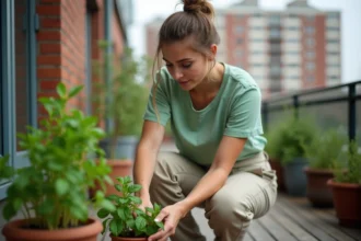 Jeune femme plantant des herbes sur un balcon urbain