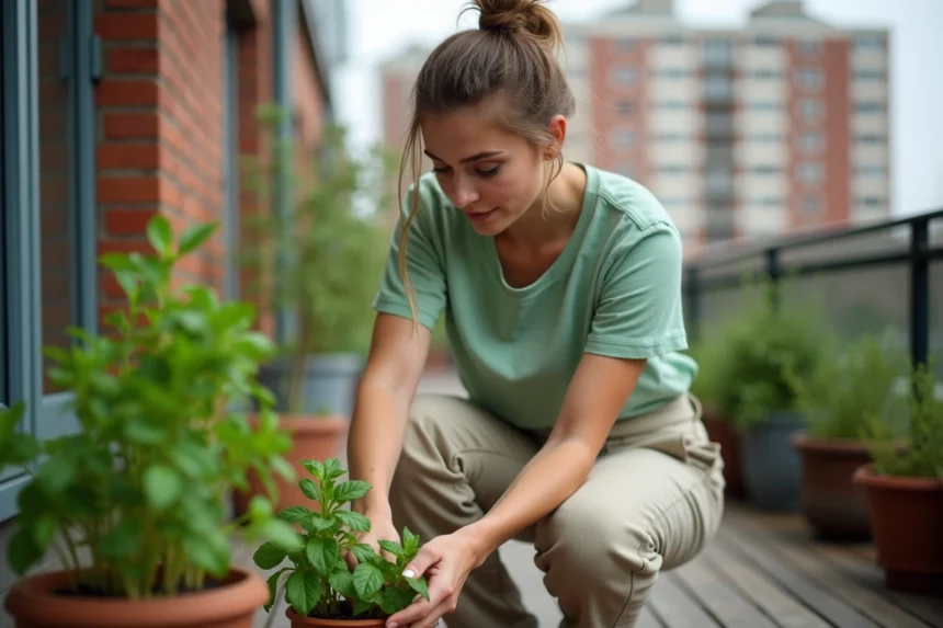 Jeune femme plantant des herbes sur un balcon urbain
