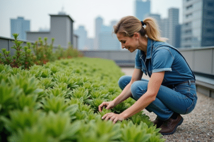 Femme d'âge moyen entretenant des sedums sur un toit vert