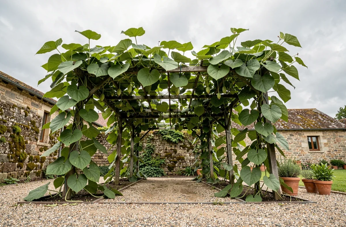 Pergola envahie de feuilles et de fruits de kiwi dans un jardin de maison de campagne française