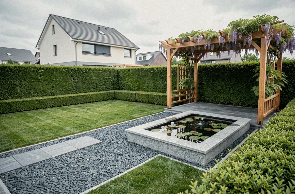 Jardin structuré et élégant réalisé par Klein Paysages à Moulins-lès-Metz avec miroir d'eau et pergola en cèdre