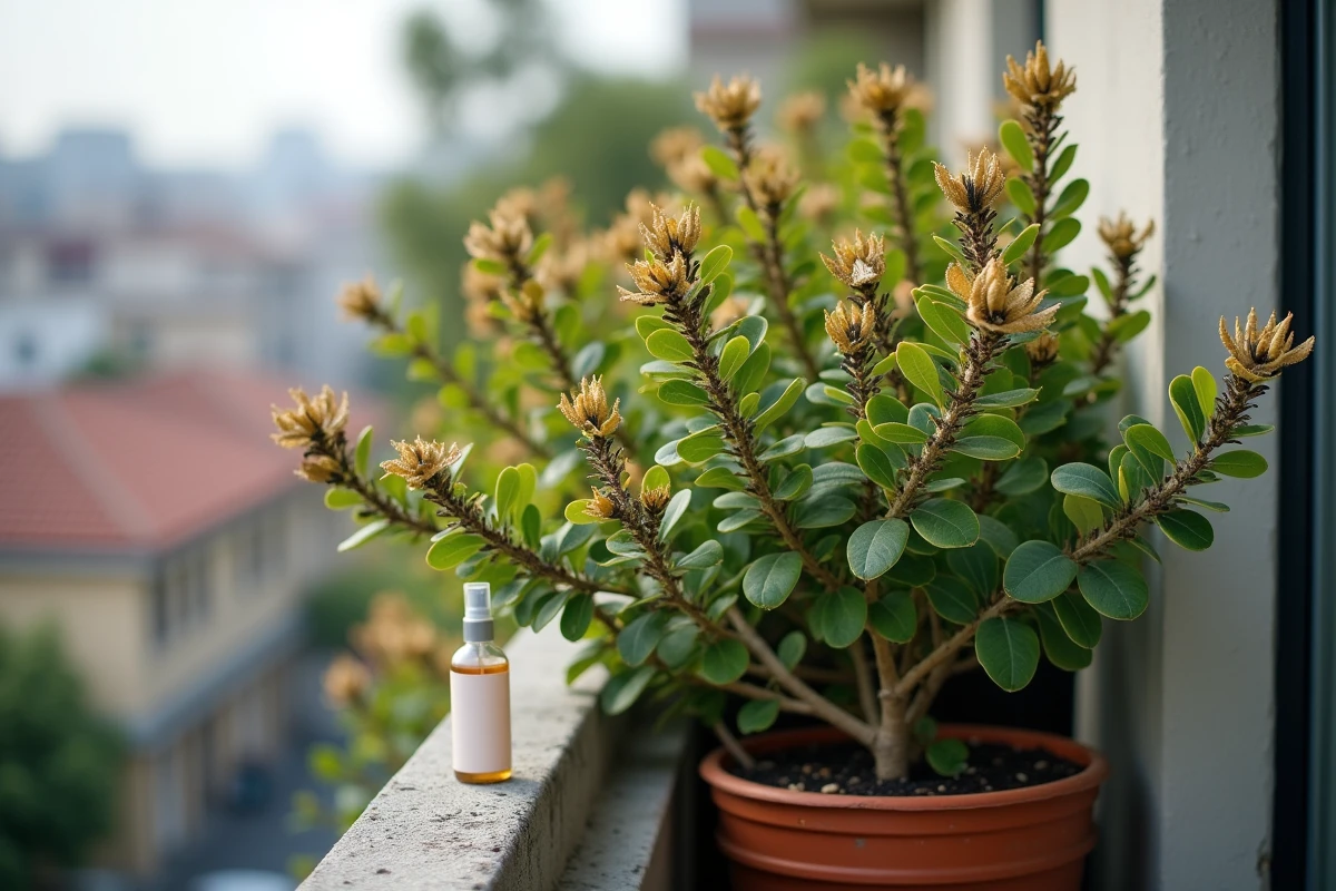Laurier rose en pot sur balcon urbain infesté de pucerons avec feuilles collantes noircies par la fumagine et spray de traitement