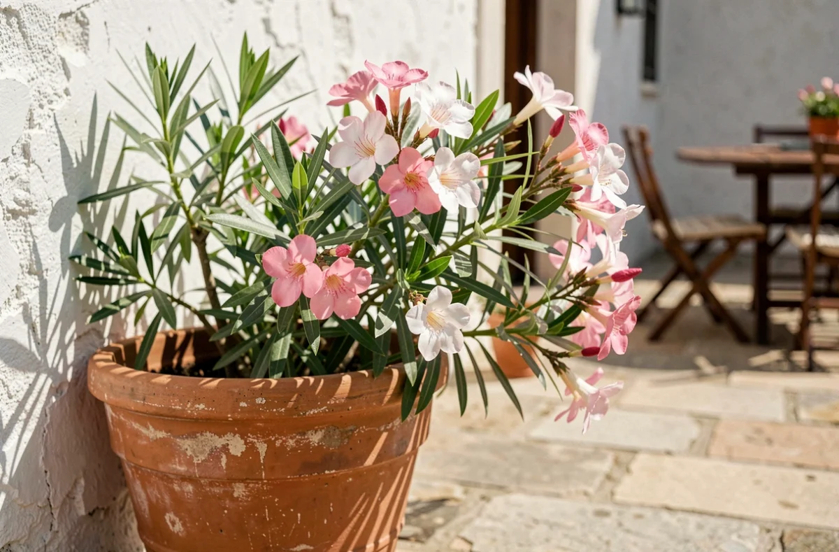 Laurier rose en pot sur une terrasse ensoleillée avec fleurs épanouies dans un grand pot en terre cuite