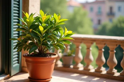 Laurier rose en pot avec feuilles jaunes après rempotage sur un balcon en pierre