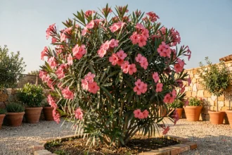Laurier rose en pleine terre dans un jardin méditerranéen avec fleurs roses et feuillage dense