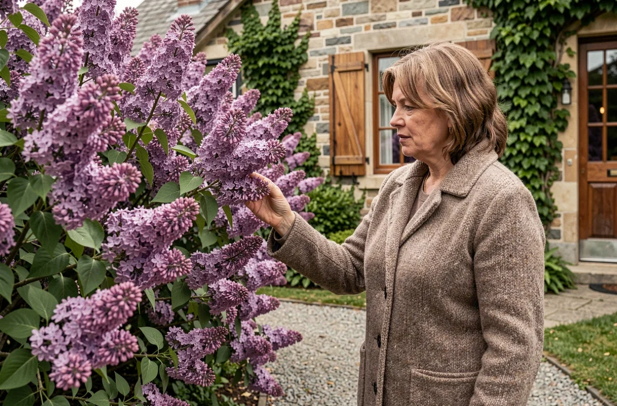 Femme admirant des lilas violets en fleurs devant un cottage en climat froid au printemps