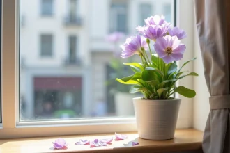 Lisianthus en fleur posé sur un rebord de fenêtre intérieur dans un appartement moderne, pétales violets et blancs délicatement détaillés
