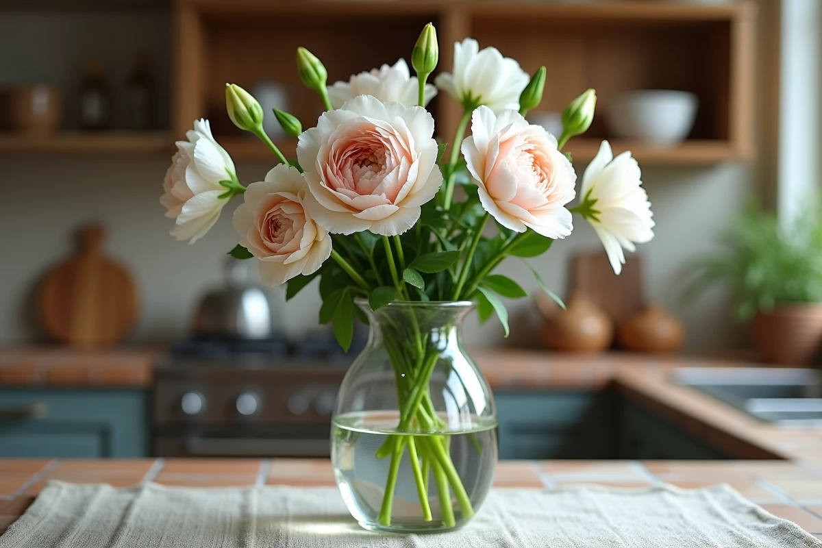 Bouquet de lisianthus blancs et roses dans un vase en verre sur un comptoir de cuisine rustique avec étagères en bois