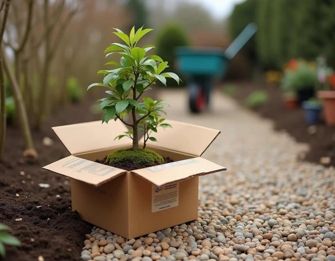 Colis de livraison Promesse de Fleurs ouvert dans un jardin, révélant un jeune arbre fruitier à racines nues emballé dans du papier kraft et de la mousse