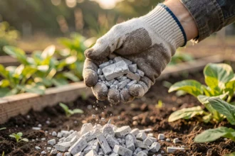 Main gantée tenant de la cendre de bois au-dessus d'un potager