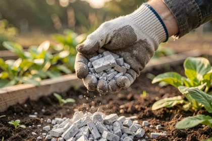 Main gantée tenant de la cendre de bois au-dessus d'un potager