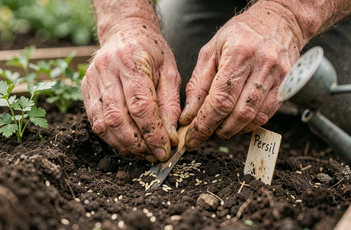 Mains d'un jardinier plantant des graines de persil en rang dans la terre du jardin