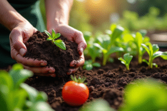 Mains d'un jardinier tenant de la terre noire riche pour plantation