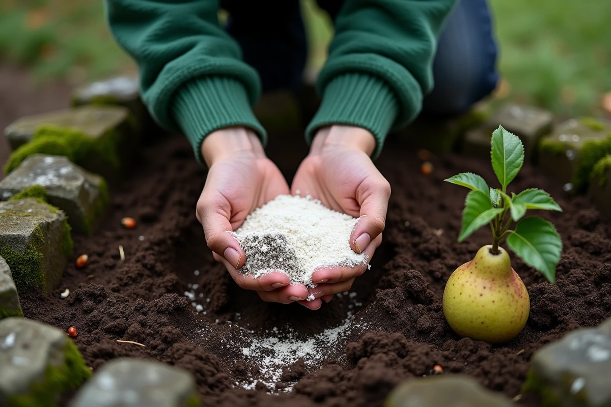 Mains calleuses d’un jeune homme en pull vert mélangeant de la chaux dans la terre près d’un jeune poirier