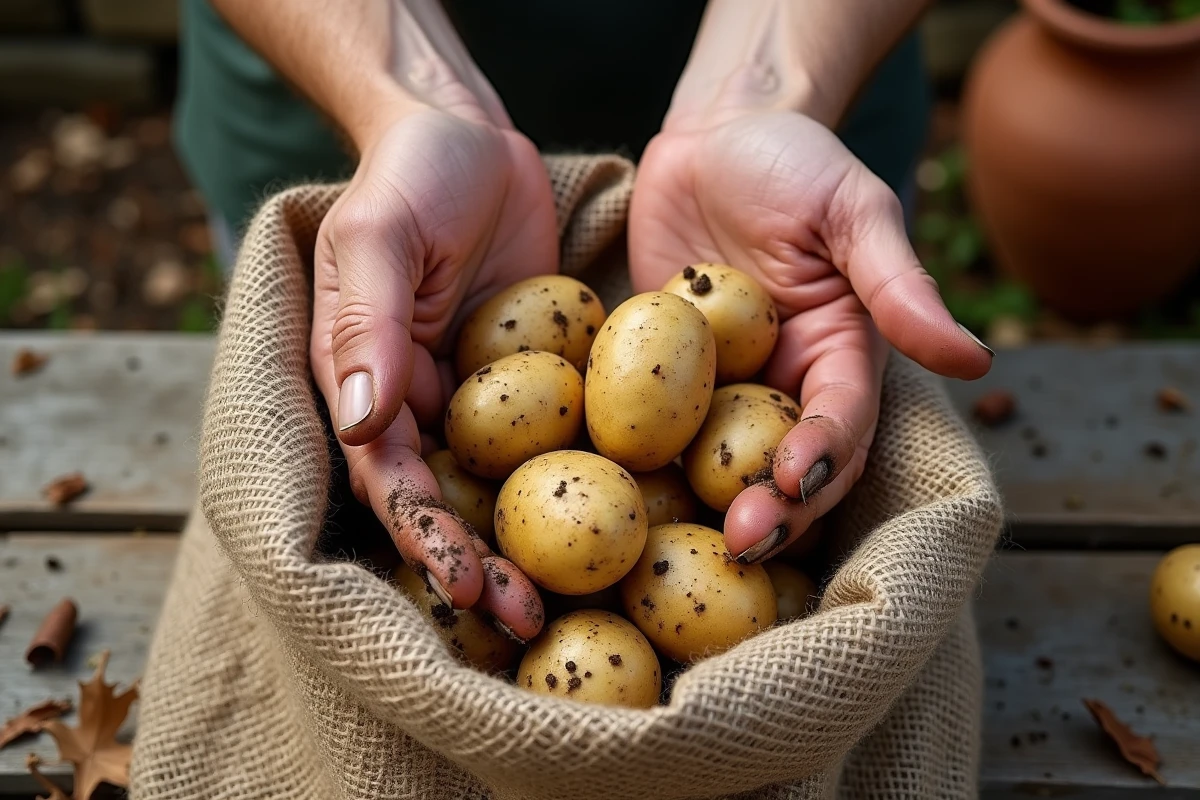 Mains récoltant et nettoyant des pommes de terre fraîchement déterrées posées sur un sac en jute dans un jardin potager