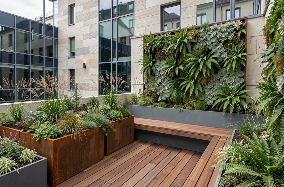 Jardin urbain contemporain réalisé par MAK Concept à Strasbourg avec mur végétal et mobilier en acier corten