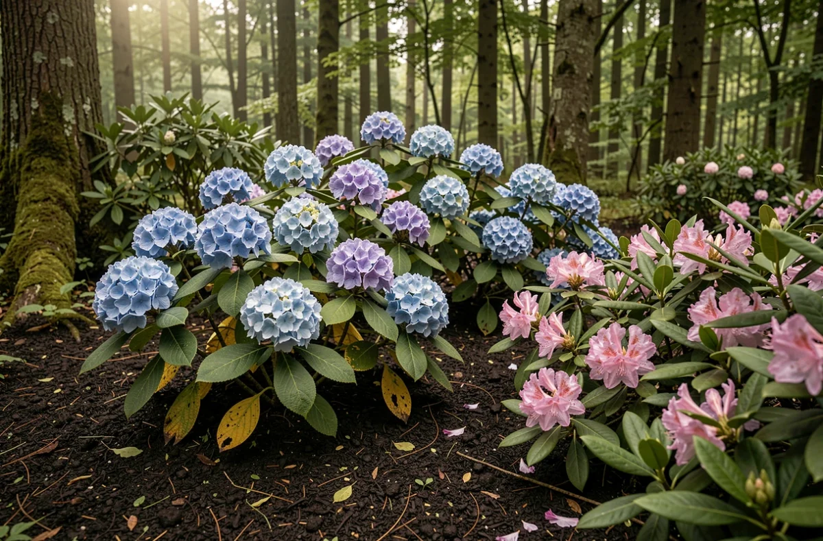 Massif d'hortensias et de rhododendrons en terre de bruyère