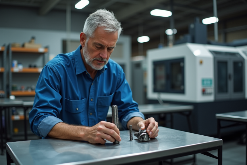 Mécanicien homme en atelier examinant des fraises hélicoïdales