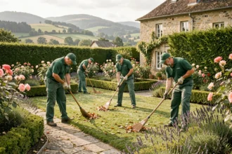 Équipe professionnelle d'entretien de jardin dans le Grand Est travaillant dans un jardin résidentiel soigné